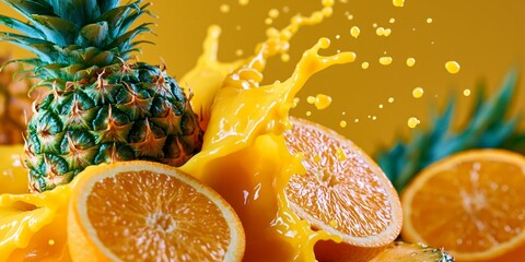 Fototapeta premium Vibrant yellow background with fresh pineapple and sliced oranges surrounded by dynamic splashing orange juice.