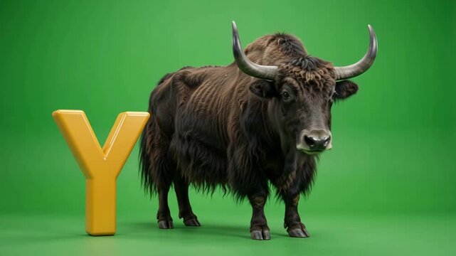 Realistic 3D Render of a Furry Yak Standing Next to a Large Yellow Letter Y on a Green Background