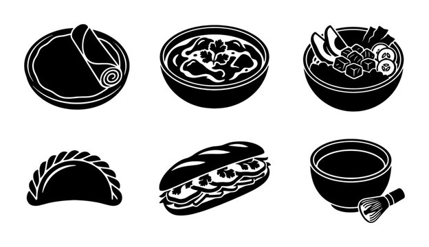 Diverse Food Icons Set: Mexican Cuisine, Soup, Sandwich, Empanada, Bowl Meals, Vector Graphics for Menus and Recipes