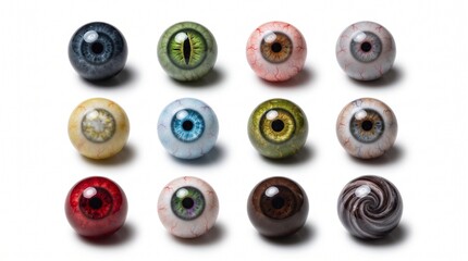 Realistic glass eyeballs collection, colorful prosthetic eye set on white background, 12 unique anatomical and fantasy iris designs for medical or creative use © muhammad