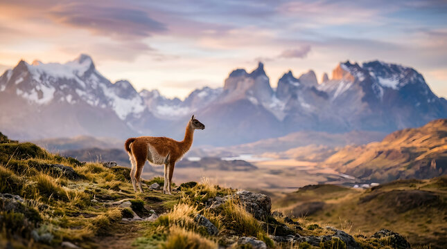 guanaco panoramic shoot with mountain background