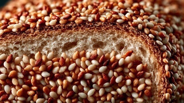 Detailed texture of bread crust with sesame seeds