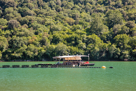 Oyster and mussel farm floating platform in Lim Fjord, Croatia.