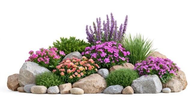 Rock garden landscaping with colorful flowers and green plants