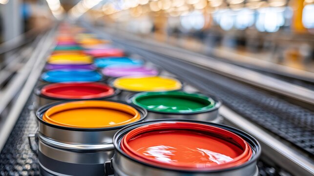 Colorful paint cans moving along factory production line