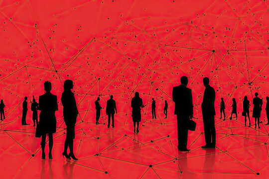 A business concept for a network structure with connected people, illustrating teamwork, collaboration, stakeholder mapping, a social graph, and business communication against a red background.