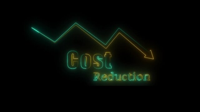 Business professional using laptop with holographic cost reduction graph and bars. Concept of financial efficiency, budget cutting, expense management, and corporate profit optimization.