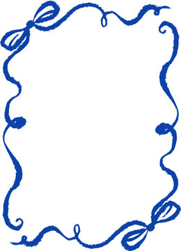 Coquette doodle frame in blue ink style. Retro whimsical line art border. Cute curly frame. Template, card, poster, banner concept. Vector crayon isolated illustration