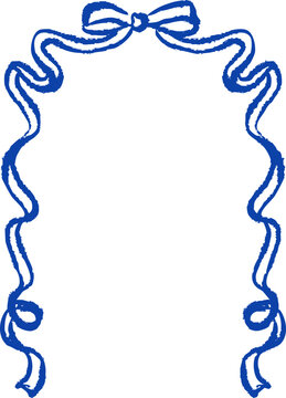 Coquette doodle frame in blue ink style. Retro whimsical line art border. Cute curly frame. Template, card, poster, banner concept. Vector crayon isolated illustration