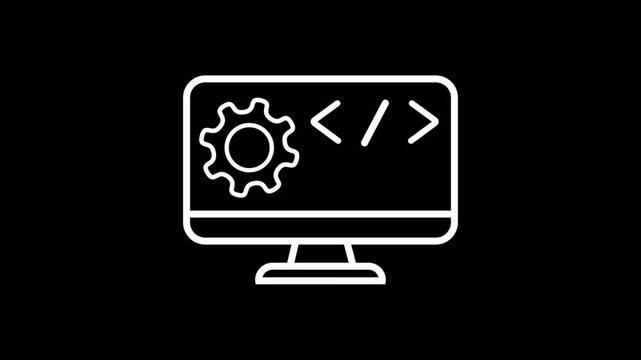 Web Development Concept Icon Computer Display Screen with Gear Settings and Coding Syntax Outline Vector