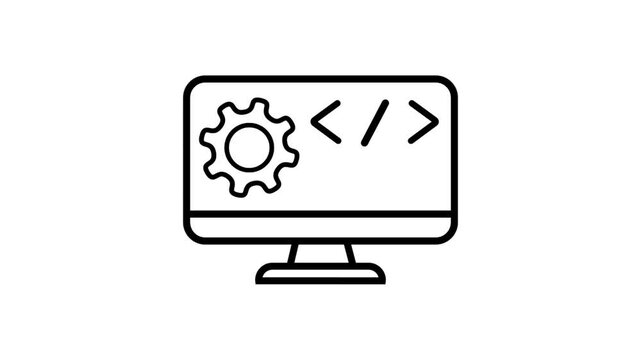 Web Development Concept Icon Computer Display Screen with Gear Settings and Coding Syntax Outline Vector