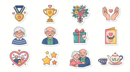 Fototapeta premium Grandparents day sticker set with golden trophy heart medal flower bouquet and elderly couple portraits on white background.