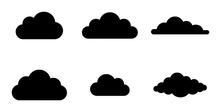 Set of Six Black Cloud Icons, Simple Vector Shapes for Weather and Sky Graphics, Minimalist Digital Elements