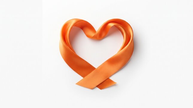 Orange awareness ribbon in heart shape, satin ribbon for leukemia and kidney cancer support, medical health symbol on white background