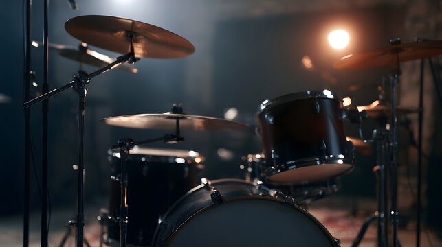 A drum set illuminated by warm stage lights in a dimly lit performance space with atmospheric haze and metallic cymbals
