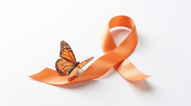 Orange awareness ribbon with monarch butterfly on white background. Leukemia and MS support symbol. Kidney cancer ribbon concept.