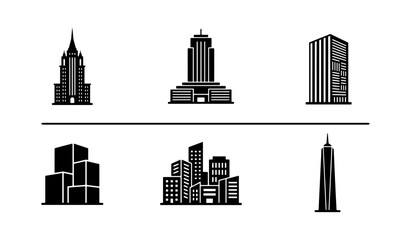 Fototapeta premium Modern Cityscape Building Icons, Urban Architecture Silhouettes, Downtown Skyscraper Vector Set, Business District Structures