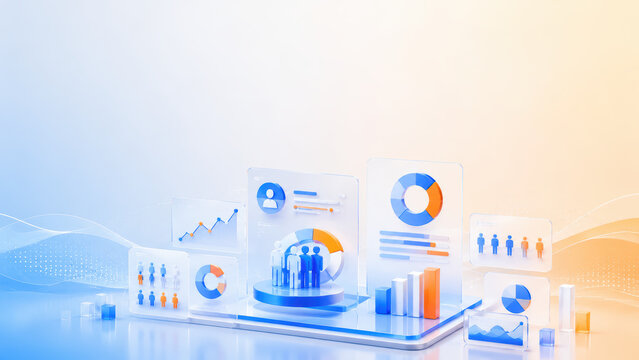 Three dimensional business analytics dashboard displays charts reports and performance metrics on clean background