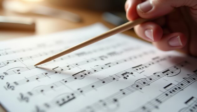 music composition manuscript with hand holding pencil over staff paper, handwritten notes and piano fingering marks, close-up of score editing, music composition process with notation corrections,