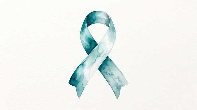 Teal awareness ribbon in watercolor style, ovarian cancer support symbol, cervical cancer awareness ribbon on white background