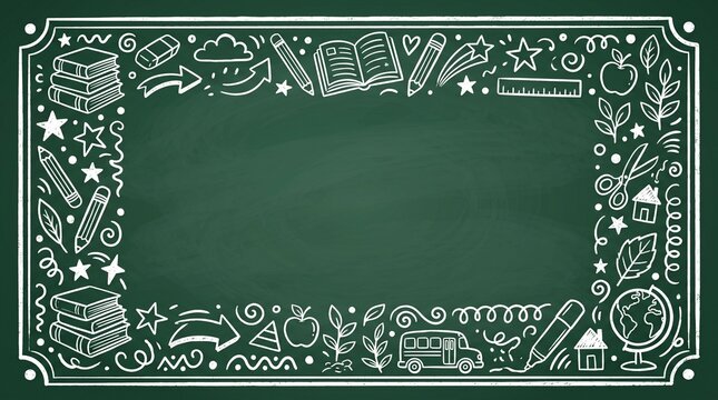 Blackboard Frame Border with Hand Drawn School Doodles