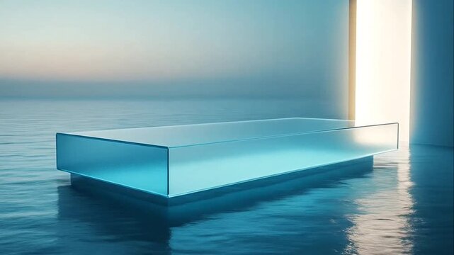 Minimalist glass podium floating on calm blue water with a vertical light portal at twilight
