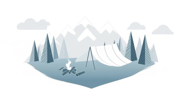 Slow dolly zoom tracking shot of tent and campfire being pitched and lit in snowy mountain meadow with pine trees and distant peaks