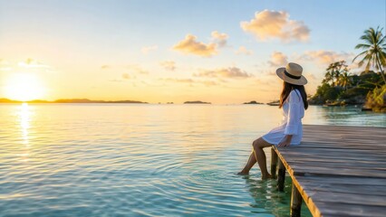 Fototapeta premium A woman peacefully sits on a dock by the shimmering water as the sun sets, surrounded by lush palm trees in a beautiful tropical paradise