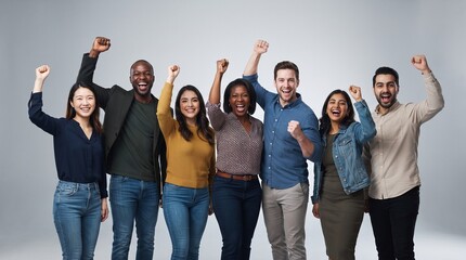 Obraz premium Group-of-cheerful-diverse-people-raising-fists-in-celebration