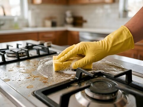 Woman Cleaning Kitchen Stovetop with Protective Gloves, Household Cleaning, Hygiene and Domestic Chores Concept