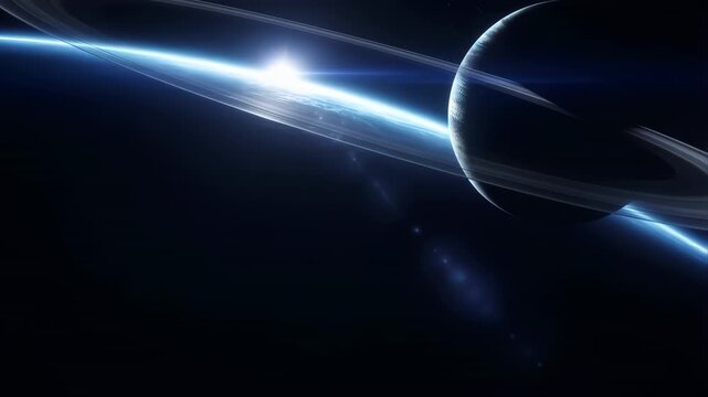 Planets with Rings Rotating in Deep Space with Glowing Light Trails and Cosmic Dust Animation Featuring Motion Graphics, Celestial, Orbit
