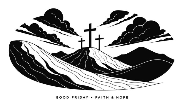 Very beautiful black and white realistic vector illustration of three crosses standing on a peaceful hill, featuring a bold caption reading "GOOD FRIDAY &bull; FAITH & HOPE", dramatic clouds, layered hills