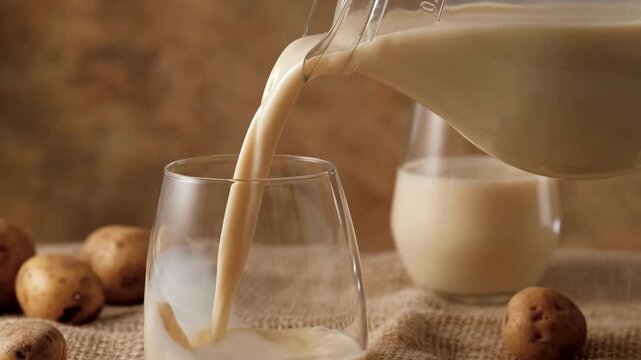 Creamy potato milk pouring into glass on rustic burlap table setting.