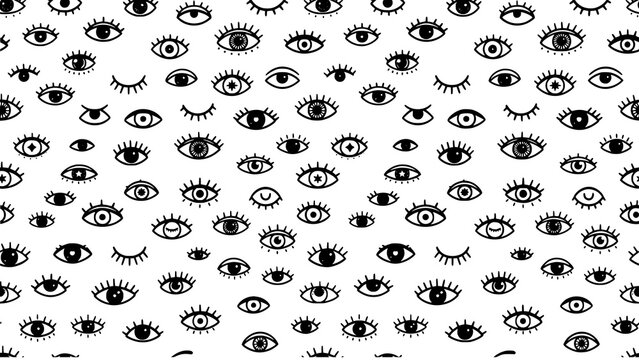 Seamless pattern with hand drawn doodle eyes on a white background for textile and wallpaper design