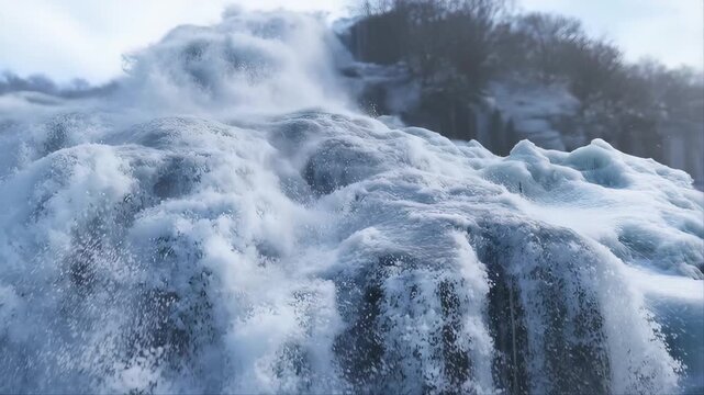 Frozen Waterfall Disintegrating Into Fine Ice Mist with Misty Spray and Icy Textures in Cold Environment