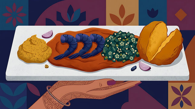 Stylized Graphic Illustration of Traditional Brazilian Acaraj&eacute; Platter with Shrimp