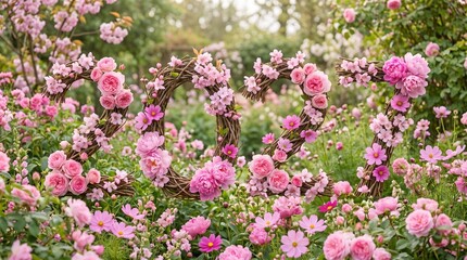Fototapeta premium Elegant woven letter decoration adorned with lush pink blooming flowers