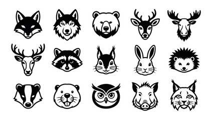 Obraz premium Collection of north american and european wildlife animal head illustrations in black and white