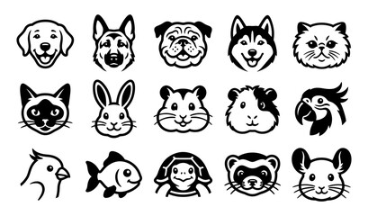 Fototapeta premium Collection of adorable animal head icons featuring dogs cats rabbits and other pets
