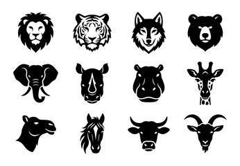 Obraz premium Collection of black silhouette animal heads including lions tigers bears and more