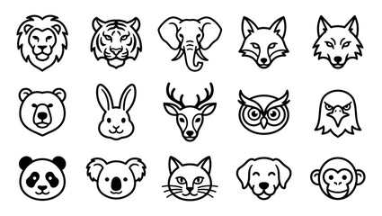Fototapeta premium Collection of linear animal head icons including lion tiger bear and monkey