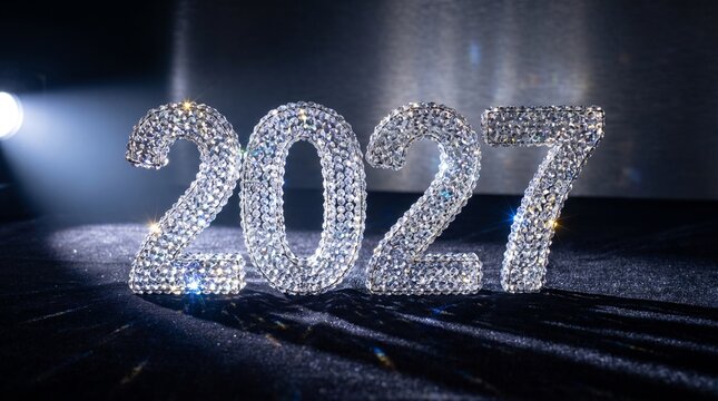 Sparkling crystal year display with illuminated year 2027 crafted densely packed