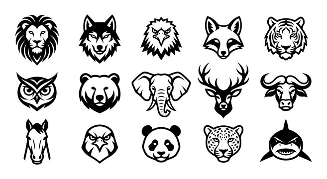 Collection of animal head emblems featuring lions wolves eagles and other wildlife