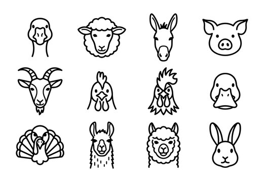 Collection of farm animal head line art illustrations in a simple black and white style