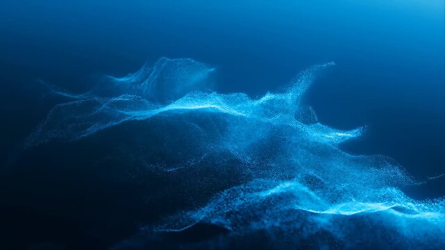Blue Particle Waves Flow Across a Dark Background in a Futuristic Digital Animation Featuring Flowing Particles, Motion Graphics, Glowing Particles
