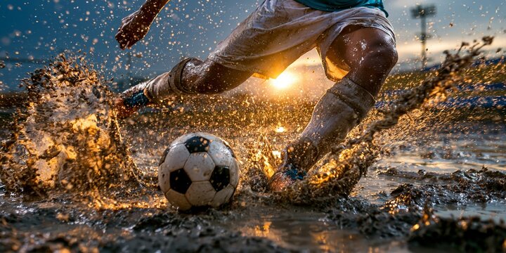 Passionate soccer player kicking a ball through deep mud and water splashes during golden hour sunset.