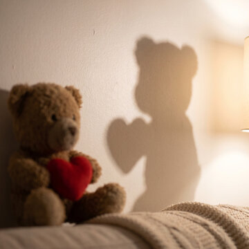 Teddy bear holding a heart pillow with a shadow on the wall  