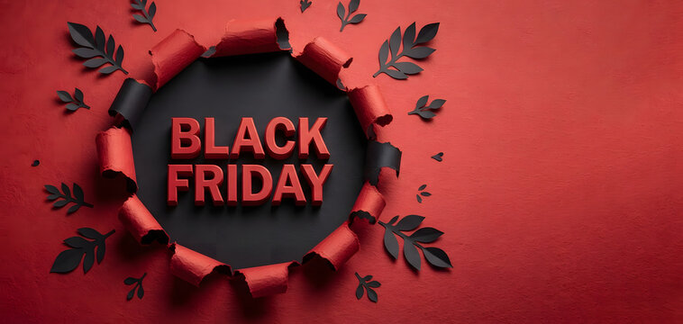 Black Friday Sale Banner with 3D Typography Behind Torn Red Paper Hole, Decorative Black Leaves and Copy Space on Textured Red Background for Retail.