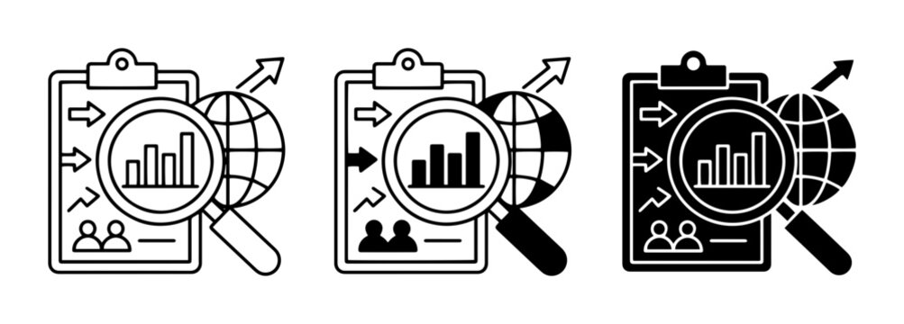 Global Business Analytics Icons, Data Analysis Magnifying Glass, Financial Growth Charts, Research Vector Set
