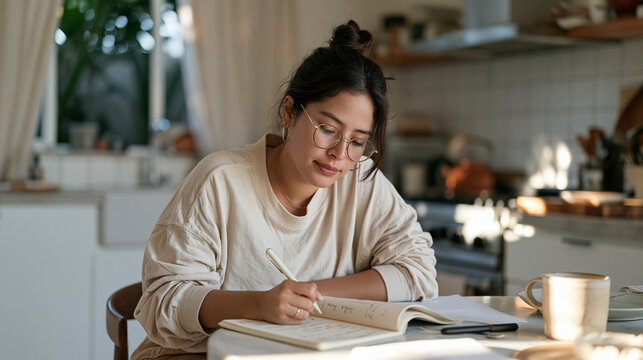 A sports nutritionist in a modest home kitchen reviews a meal plan journal at a small table, afternoon light filtering through curtains, yoga nidra soundtrack playing softly,